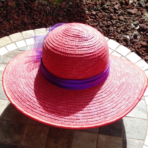 NEW LADIES RED HAT SOCIETY STRAW BRIM HAT WITH PURPLE BOW - Picture 8 of 10
